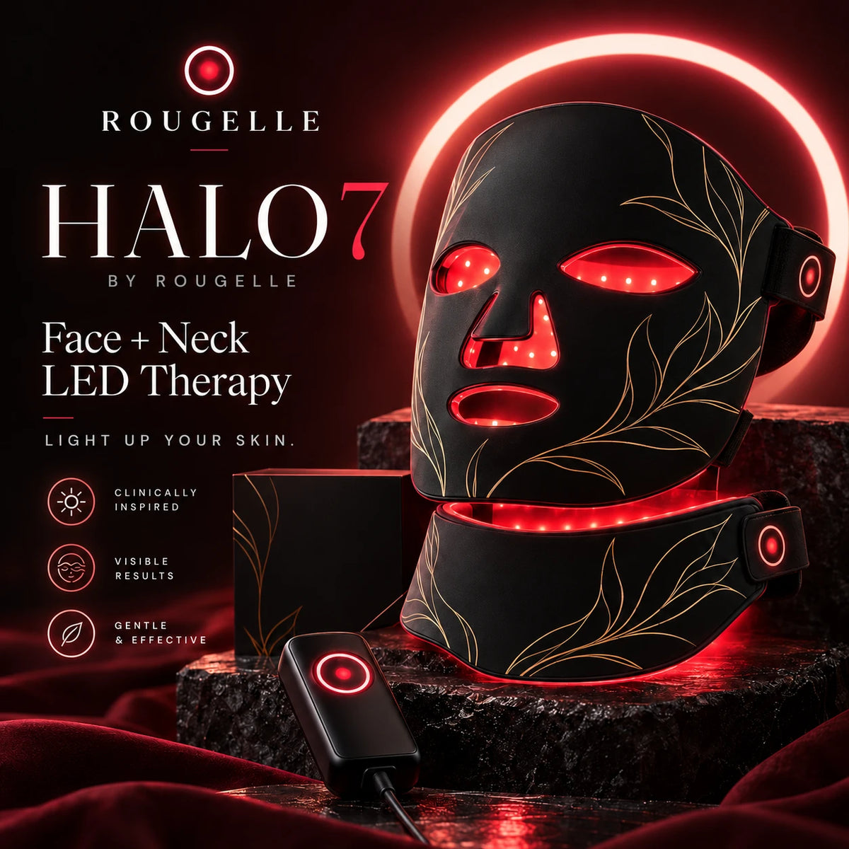HALO 7 LED face and neck mask by Rougelle with its controller