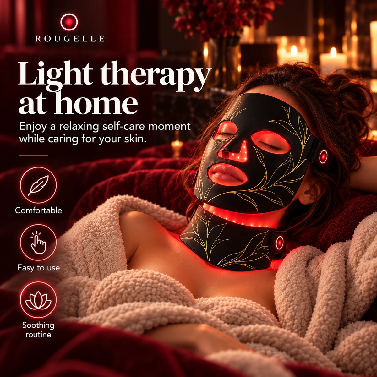 Woman relaxing while wearing the HALO 7 LED mask and neck module