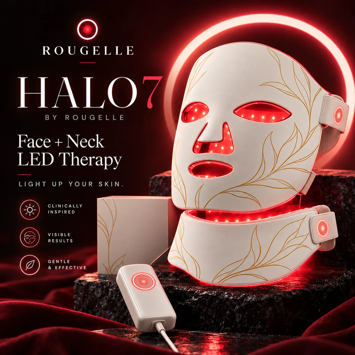 Pearl white HALO 7 LED face and neck mask by Rougelle with its controller