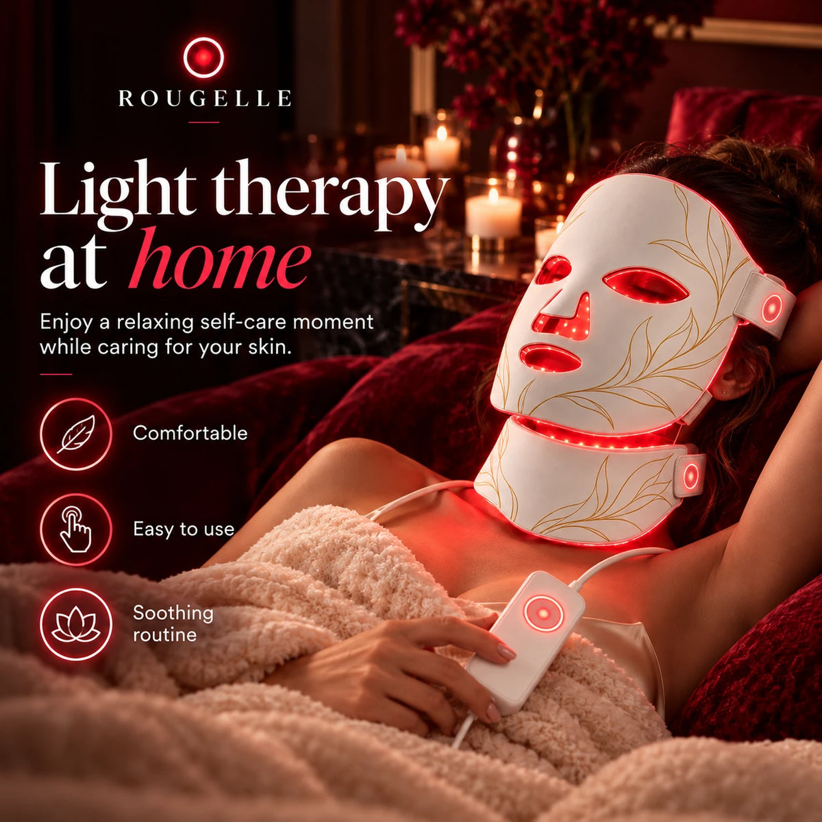 Woman relaxing while wearing the pearl white HALO 7 LED mask and neck module